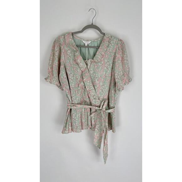LC Lauren Conrad Womens Peacock Floral Wrap Blouse Short Sleeve XL Green NWT - Picture 5 of 13